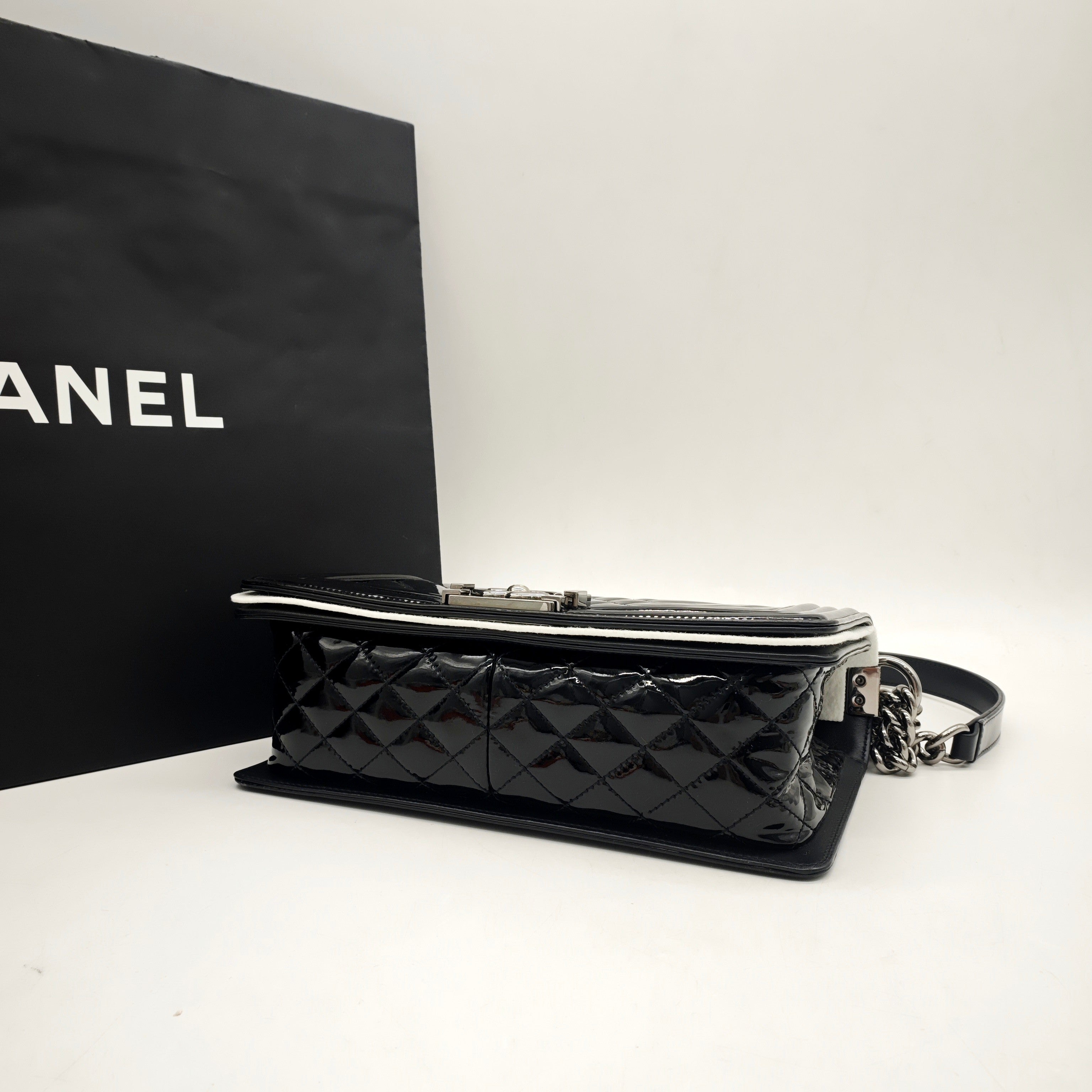 Chanel Boy Handbag Small Black Patent Quilted Leather Silver Hardware