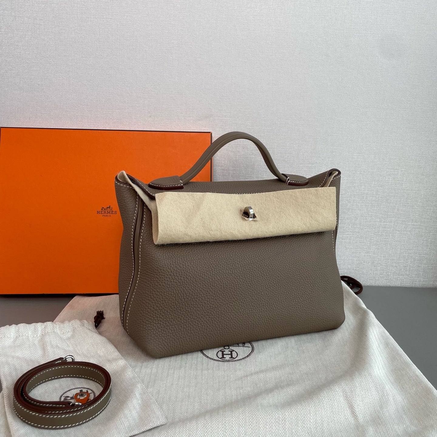 Hermes 24/24 Handbag Taupe Grained Leather Silver Hardware