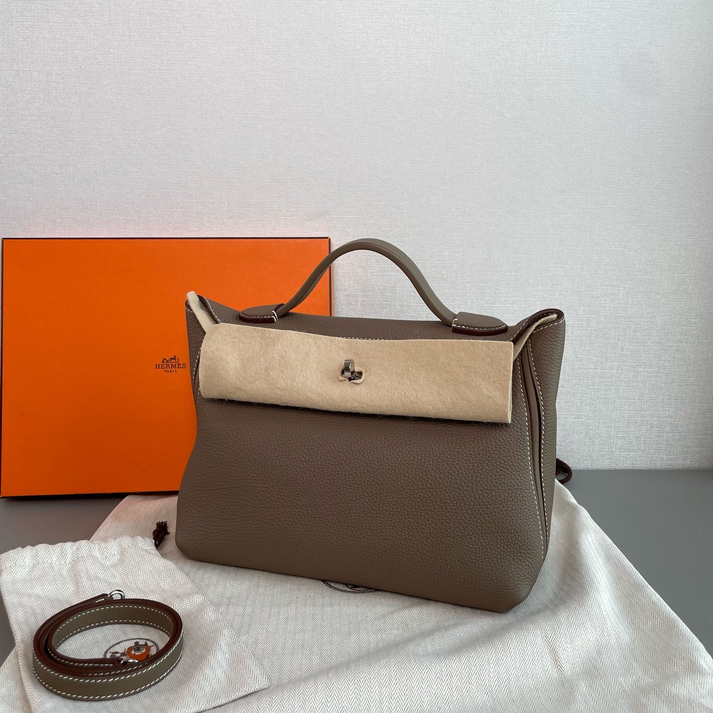 Hermes 24/24 Handbag Taupe Grained Leather Silver Hardware