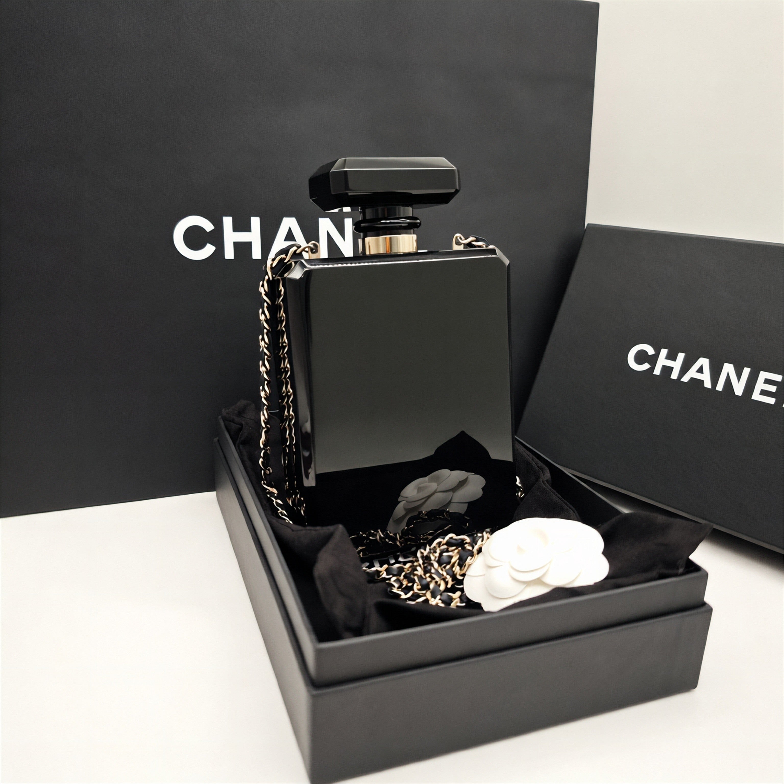 Chanel No. 5 Perfume Bottle Clutch Bag Black Resin Gold Hardware