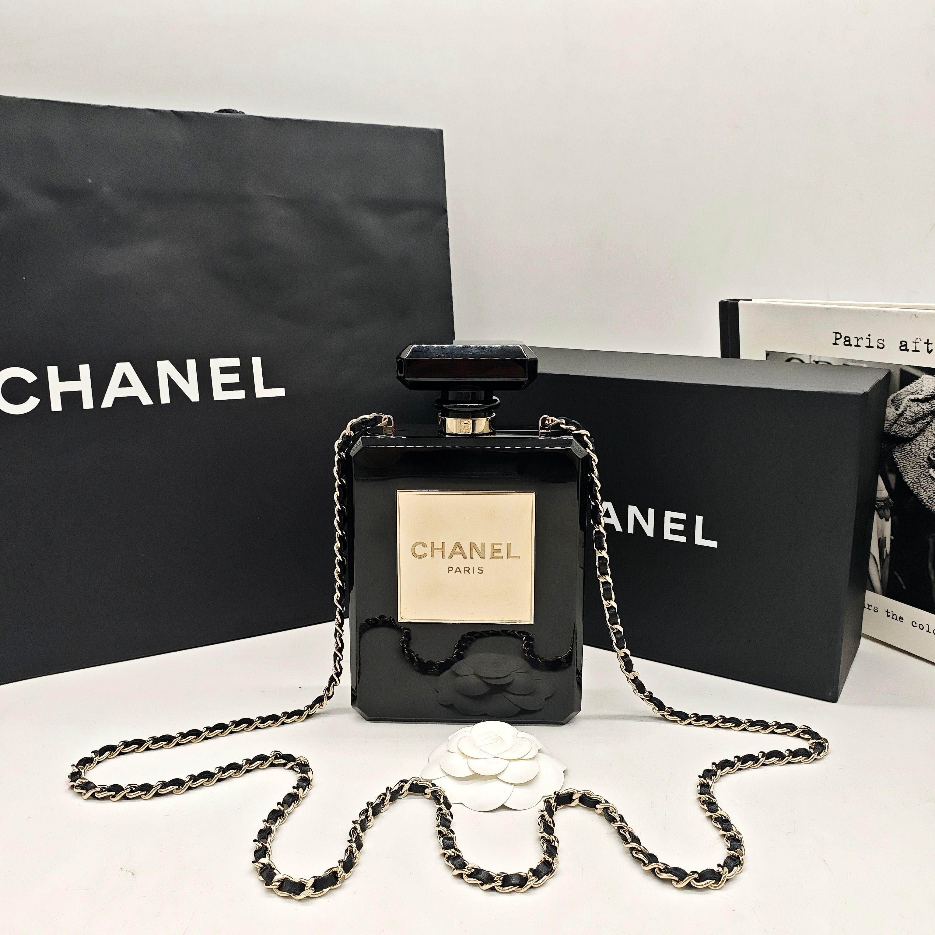 Chanel No. 5 Perfume Bottle Clutch Bag Black Resin Gold Hardware