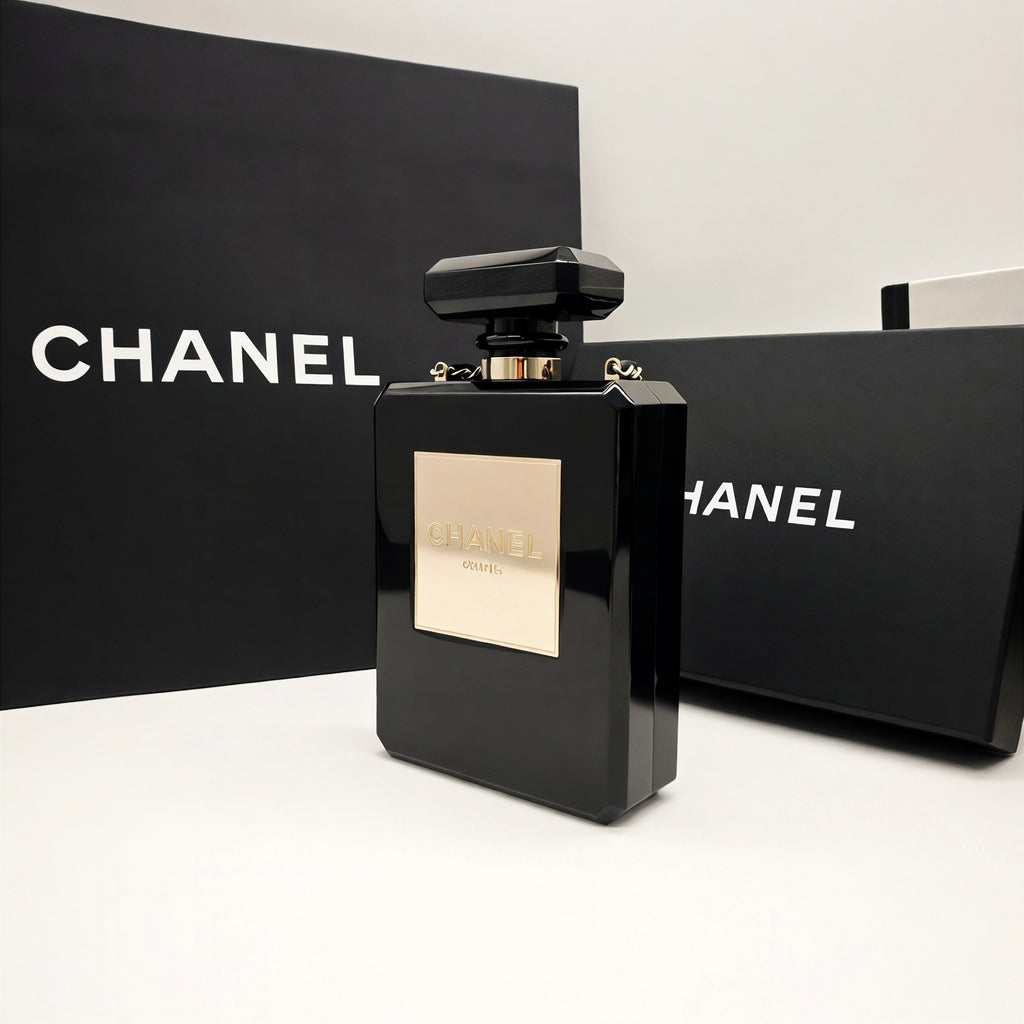 Chanel No. 5 Perfume Bottle Clutch Bag Black Resin Gold Hardware