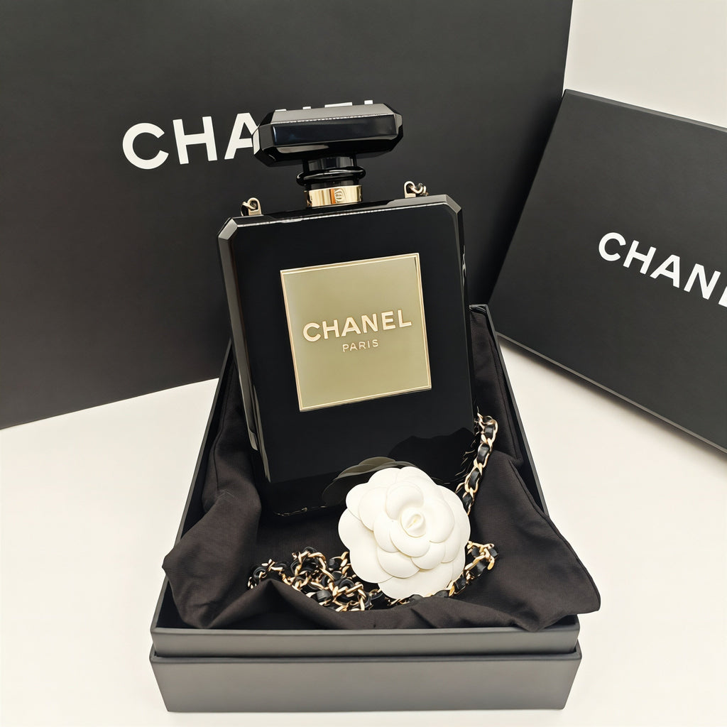 Chanel No. 5 Perfume Bottle Clutch Bag Black Resin Gold Hardware