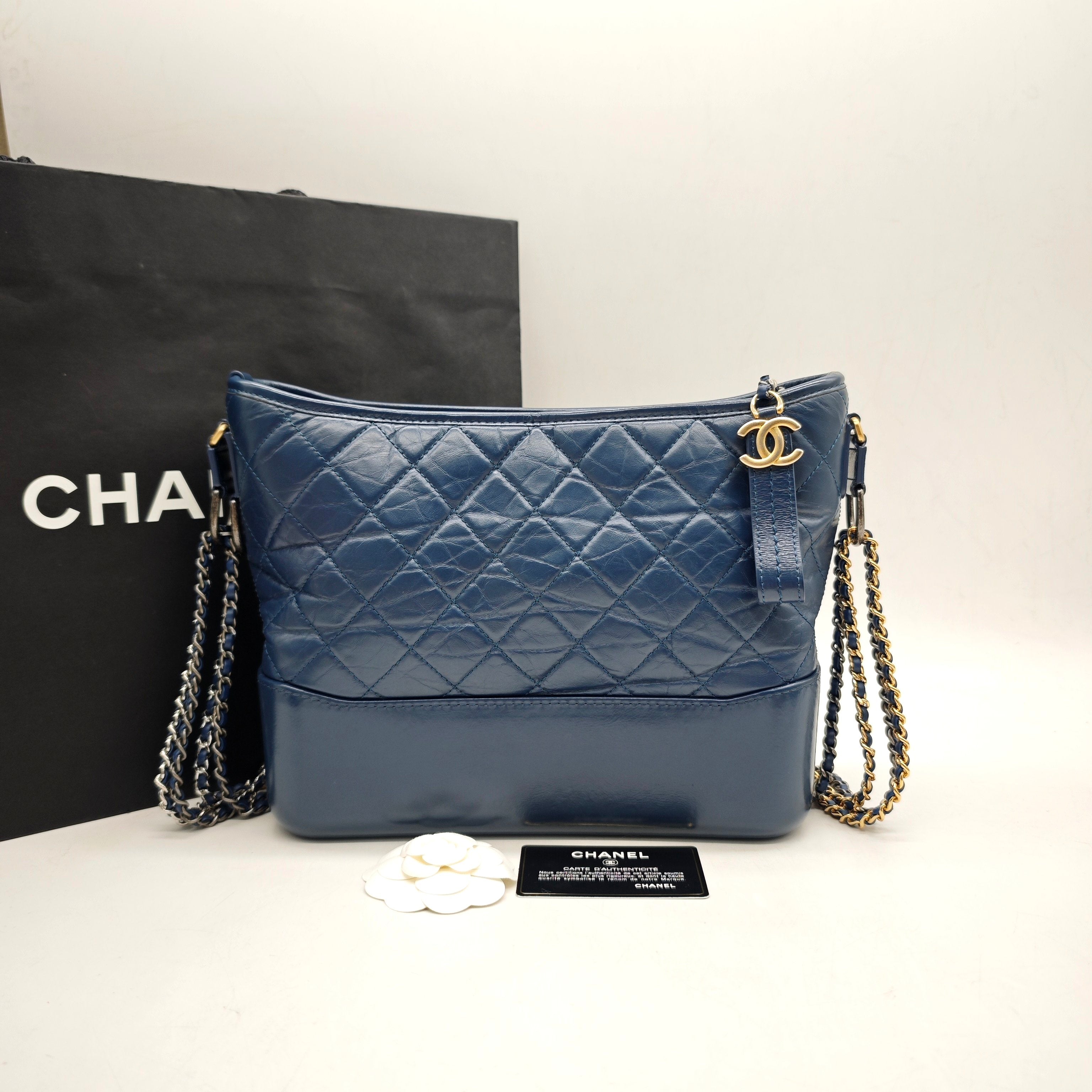 Chanel Gabrielle Hobo Handbag Navy Blue Quilted & Smooth Leather Gold & Silver Hardware