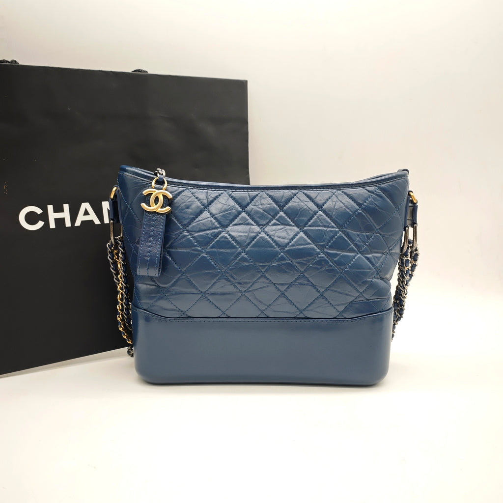 Chanel Gabrielle Hobo Handbag Navy Blue Quilted & Smooth Leather Gold & Silver Hardware