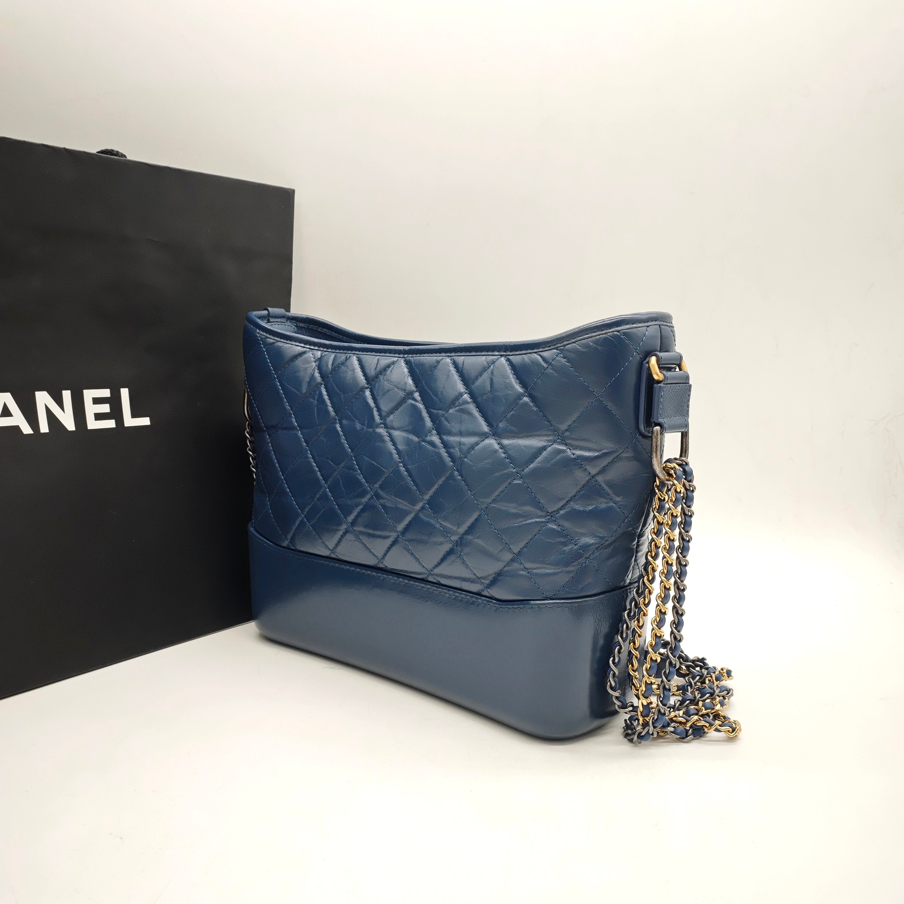 Chanel Gabrielle Hobo Handbag Navy Blue Quilted & Smooth Leather Gold & Silver Hardware