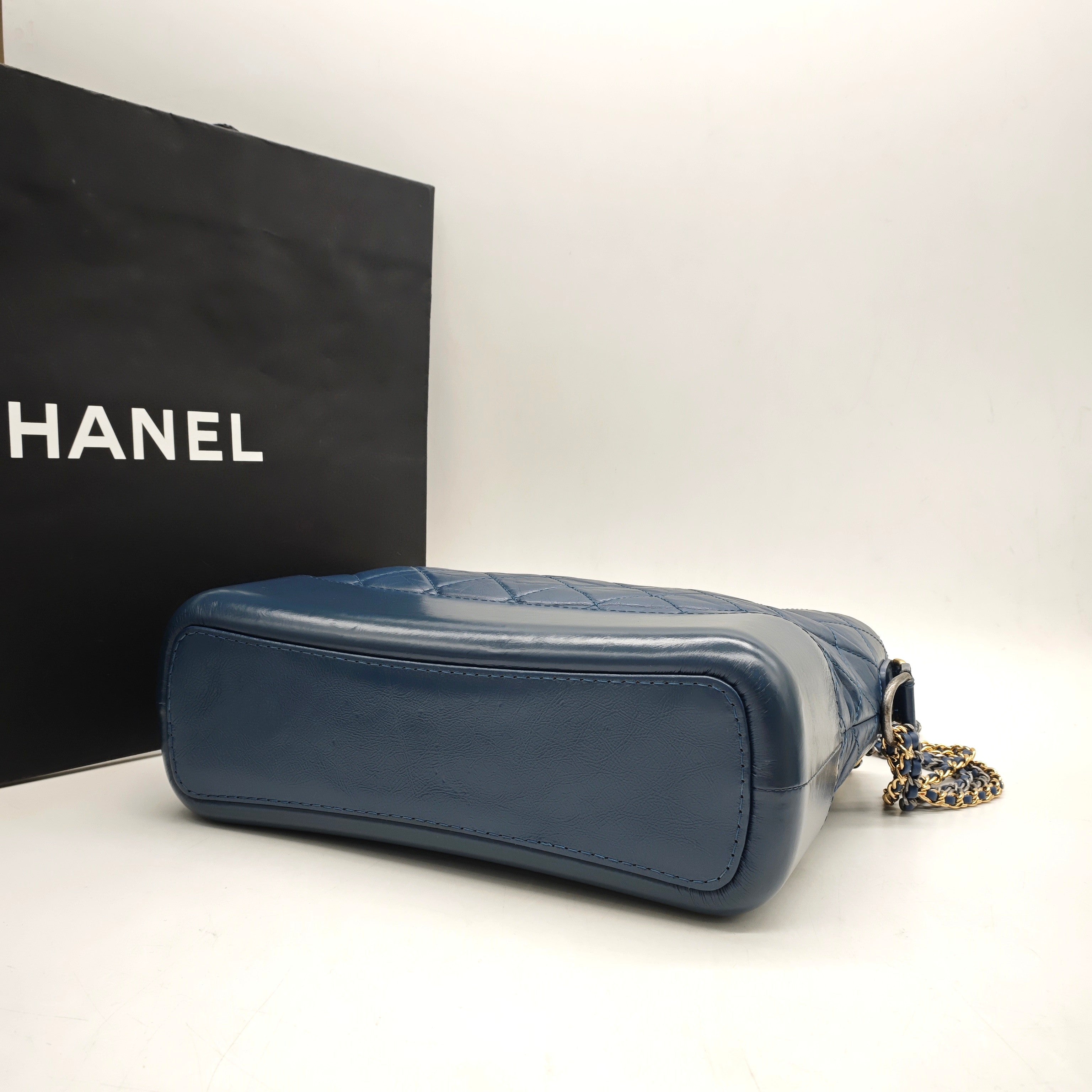 Chanel Gabrielle Hobo Handbag Navy Blue Quilted & Smooth Leather Gold & Silver Hardware