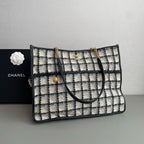 Chanel Tweed Grid Tote Bag Black White Peach Gold Hardware