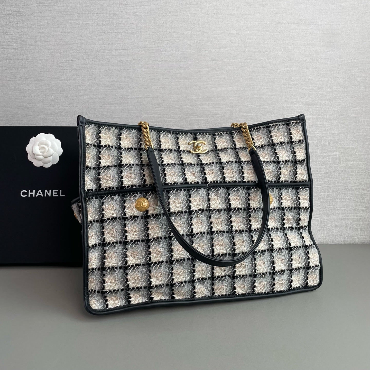 Chanel Tweed Grid Tote Bag Black White Peach Gold Hardware