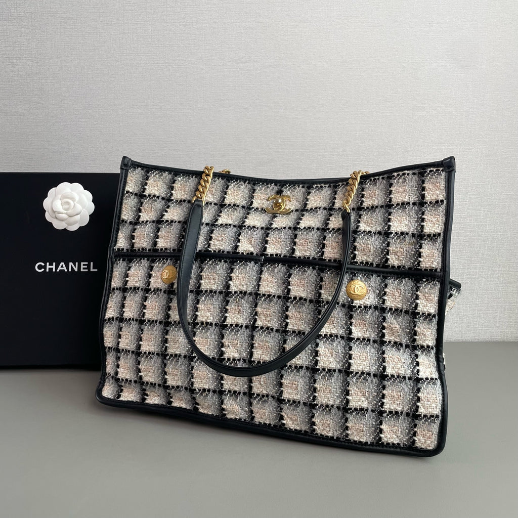 Chanel Tweed Grid Tote Bag Black White Peach Gold Hardware