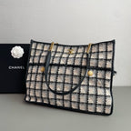 Chanel Tweed Grid Tote Bag Black White Peach Gold Hardware