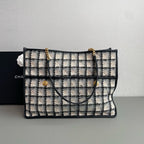 Chanel Tweed Grid Tote Bag Black White Peach Gold Hardware