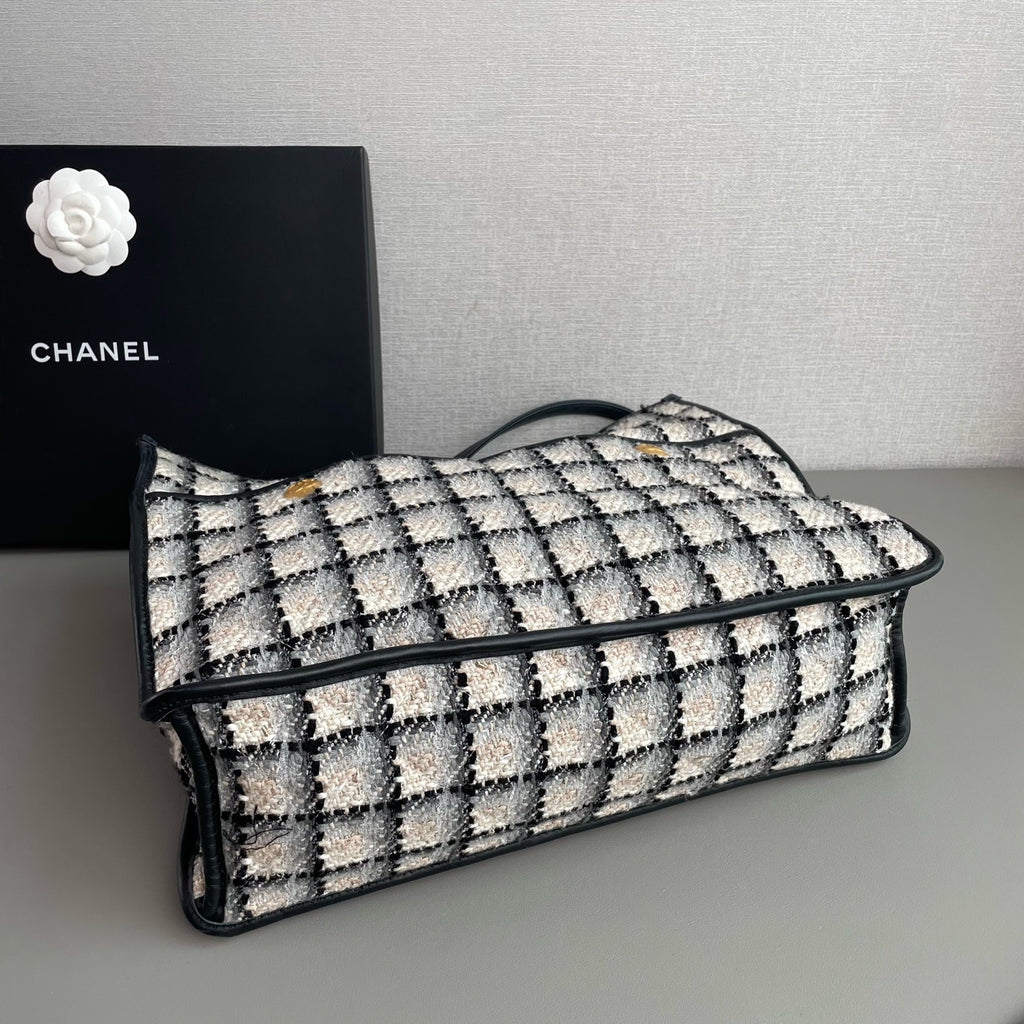 Chanel Tweed Grid Tote Bag Black White Peach Gold Hardware