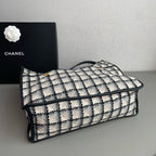 Chanel Tweed Grid Tote Bag Black White Peach Gold Hardware