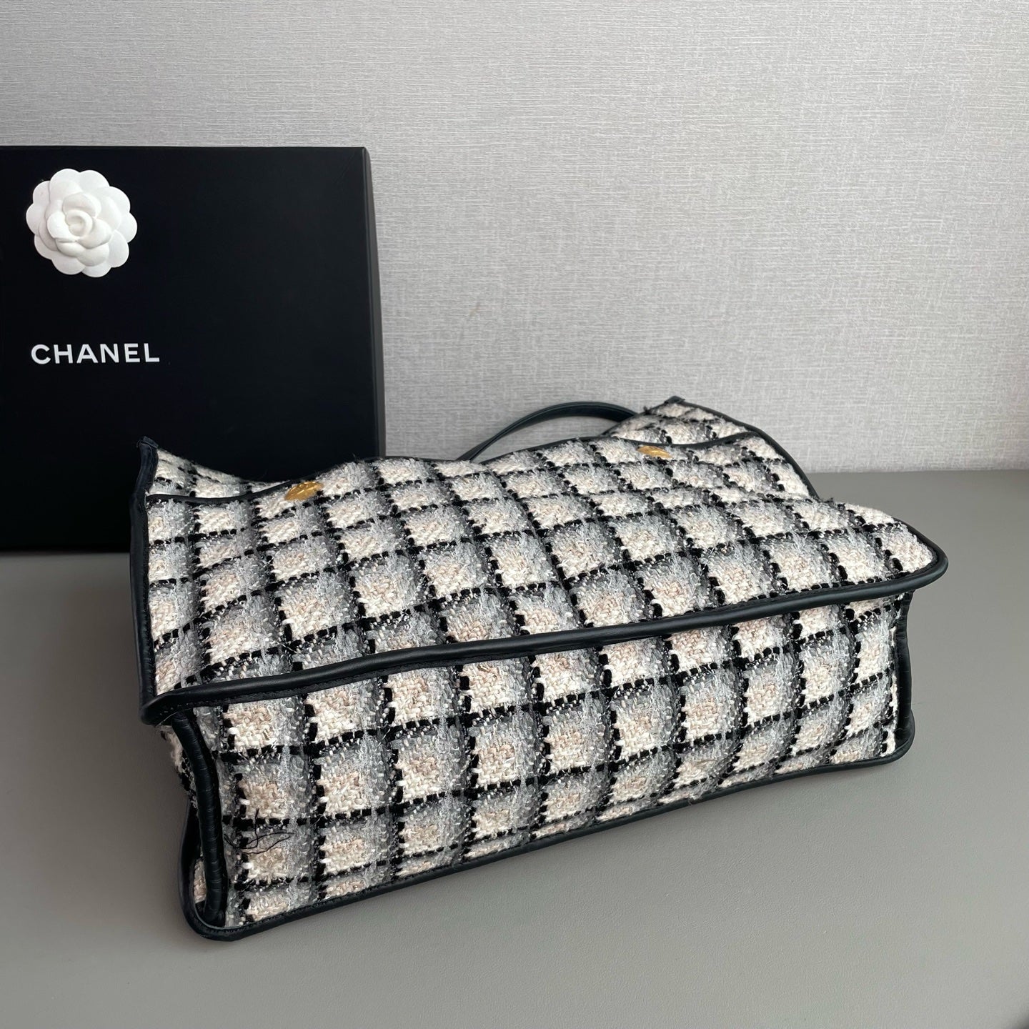 Chanel Tweed Grid Tote Bag Black White Peach Gold Hardware