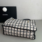 Chanel Tweed Grid Tote Bag Black White Peach Gold Hardware