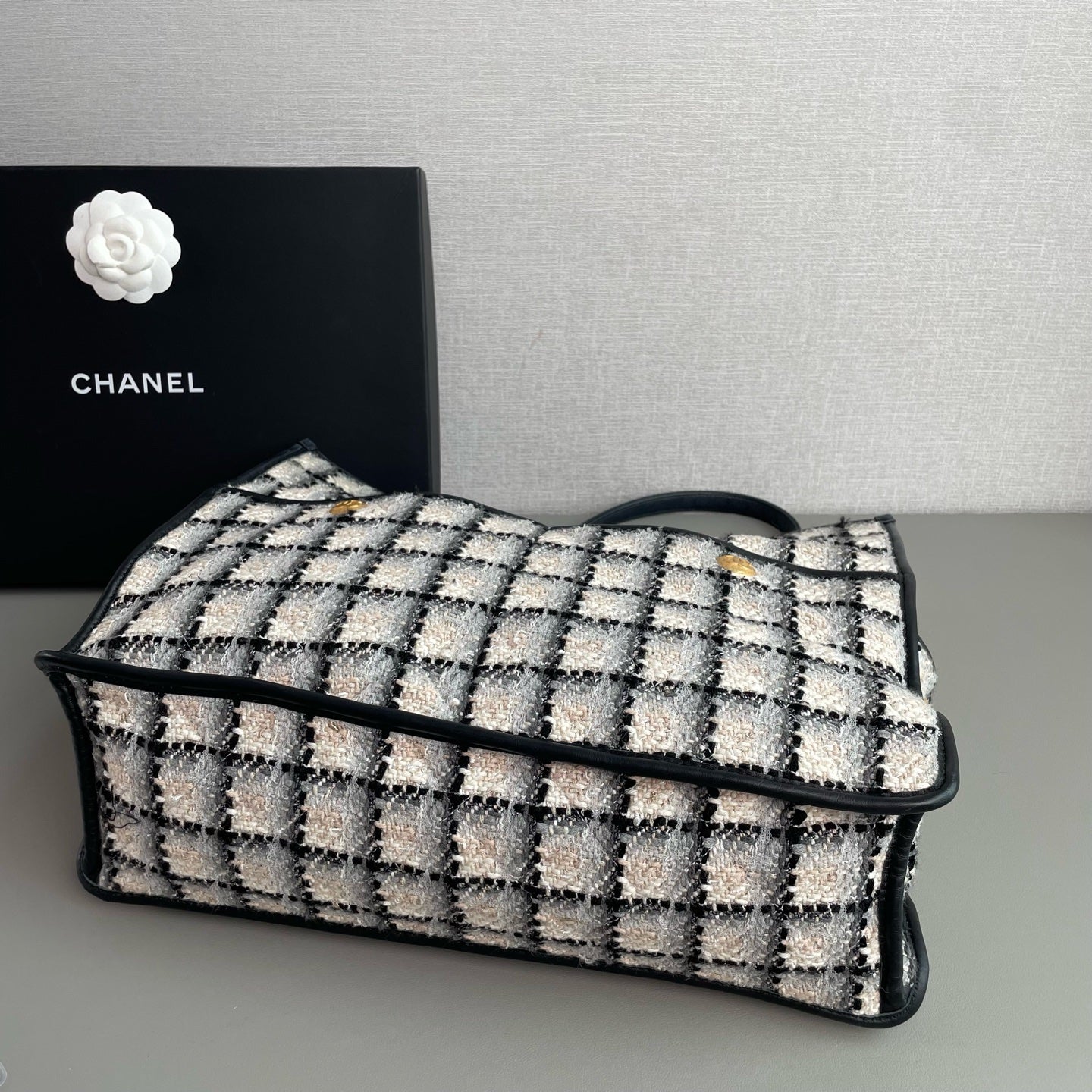 Chanel Tweed Grid Tote Bag Black White Peach Gold Hardware