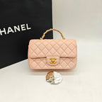 Chanel Top Handle Flap Handbag Blush Pink Quilted Leather Gold Hardware