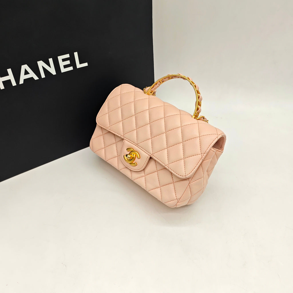 Chanel Top Handle Flap Handbag Blush Pink Quilted Leather Gold Hardware