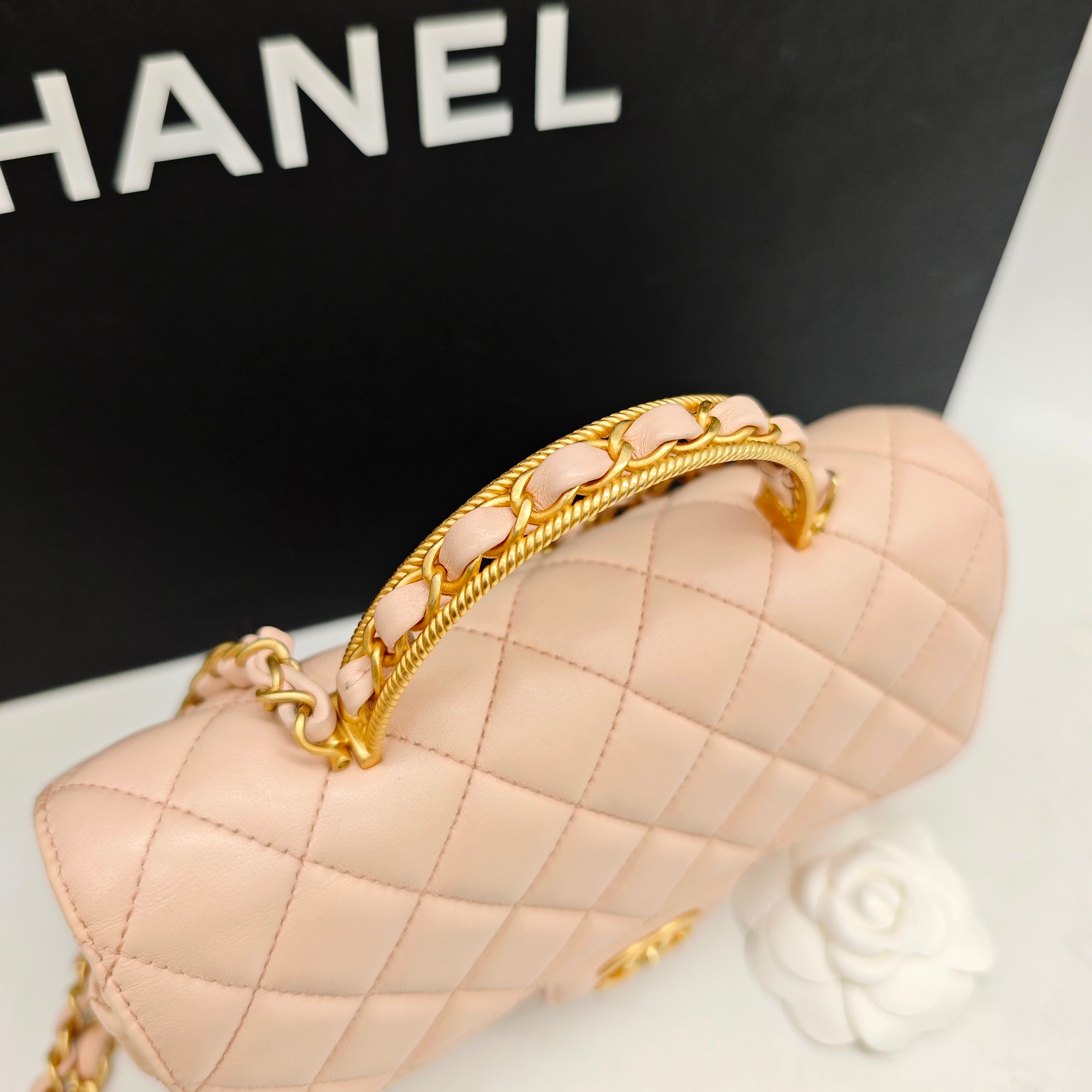 Chanel Top Handle Flap Handbag Blush Pink Quilted Leather Gold Hardware