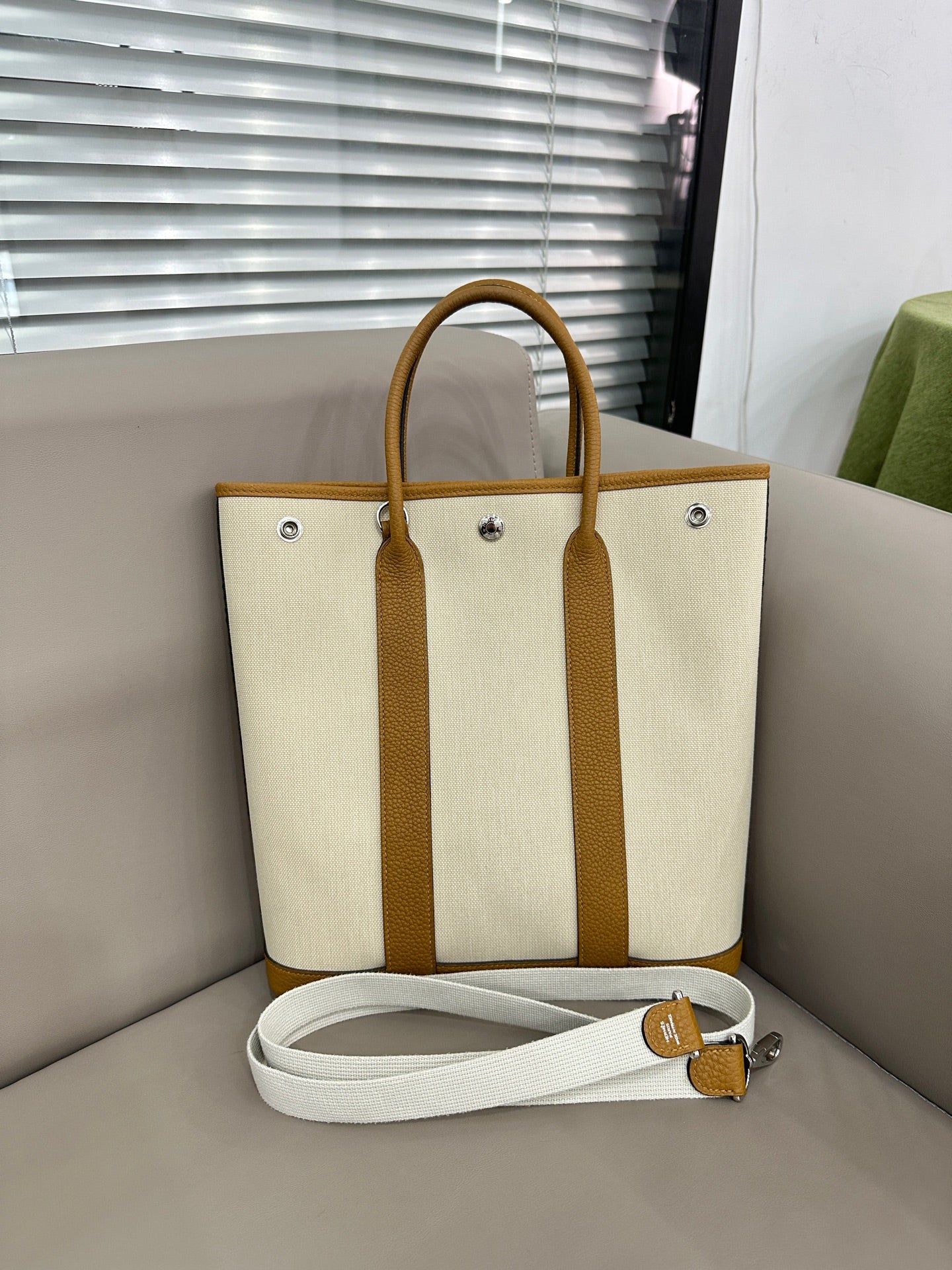 Hermes Garden Party 30 Tote Bag Off-white Canvas Gold Leather Silver Hardware