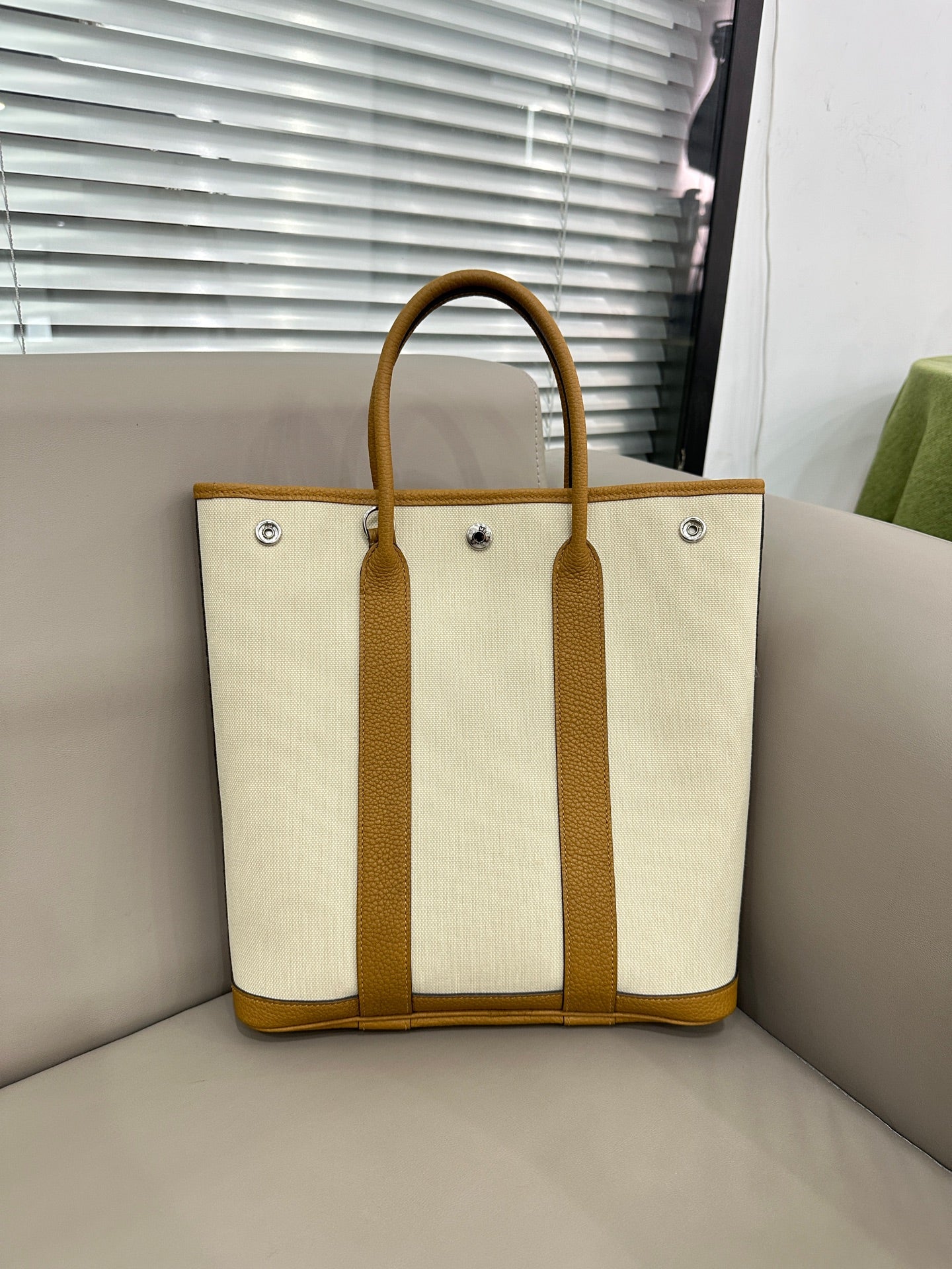 Hermes Garden Party 30 Tote Bag Off-white Canvas Gold Leather Silver Hardware