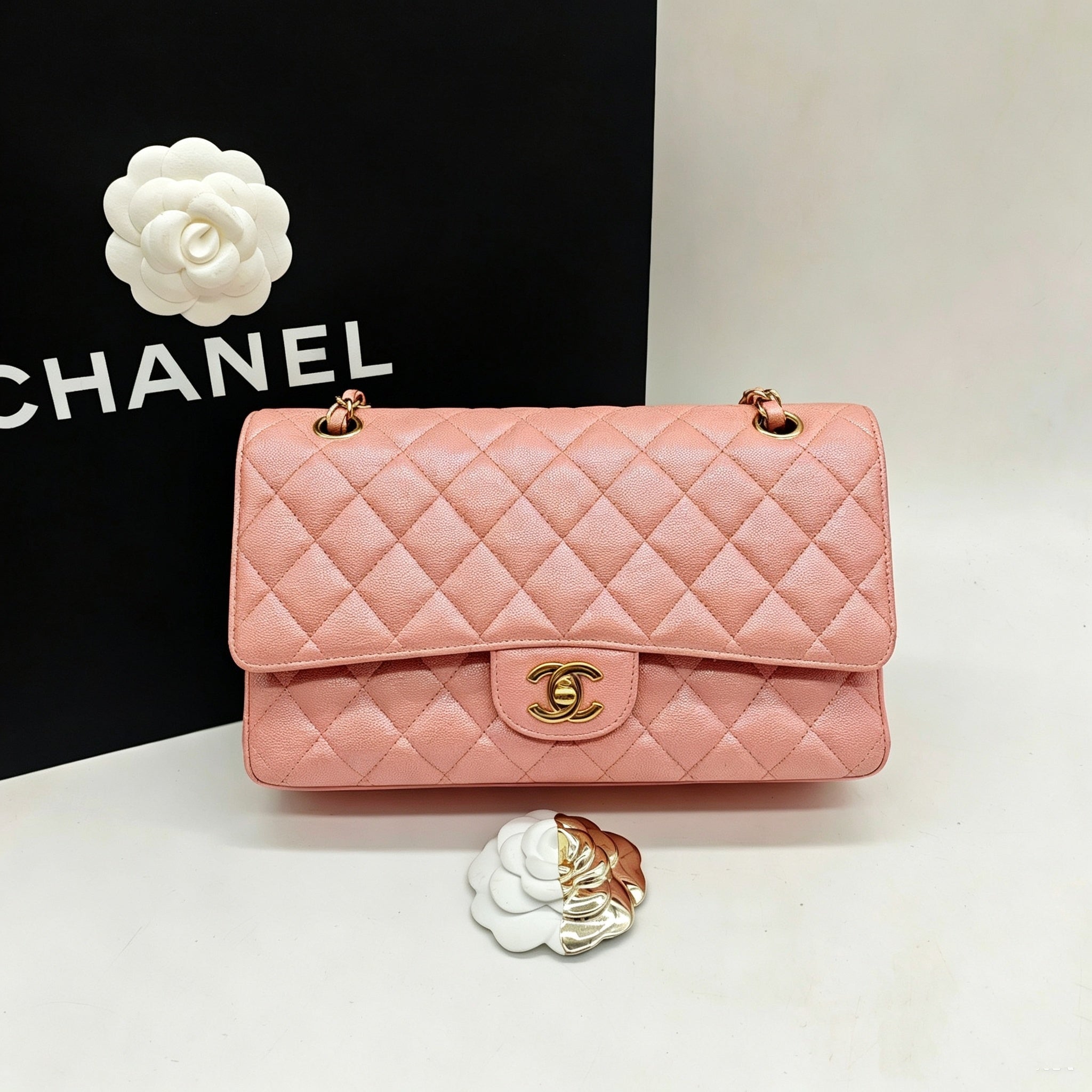 CHANEL Classic Flap Medium | Pearlised Pink Litchi-Grain | Gold Hardware