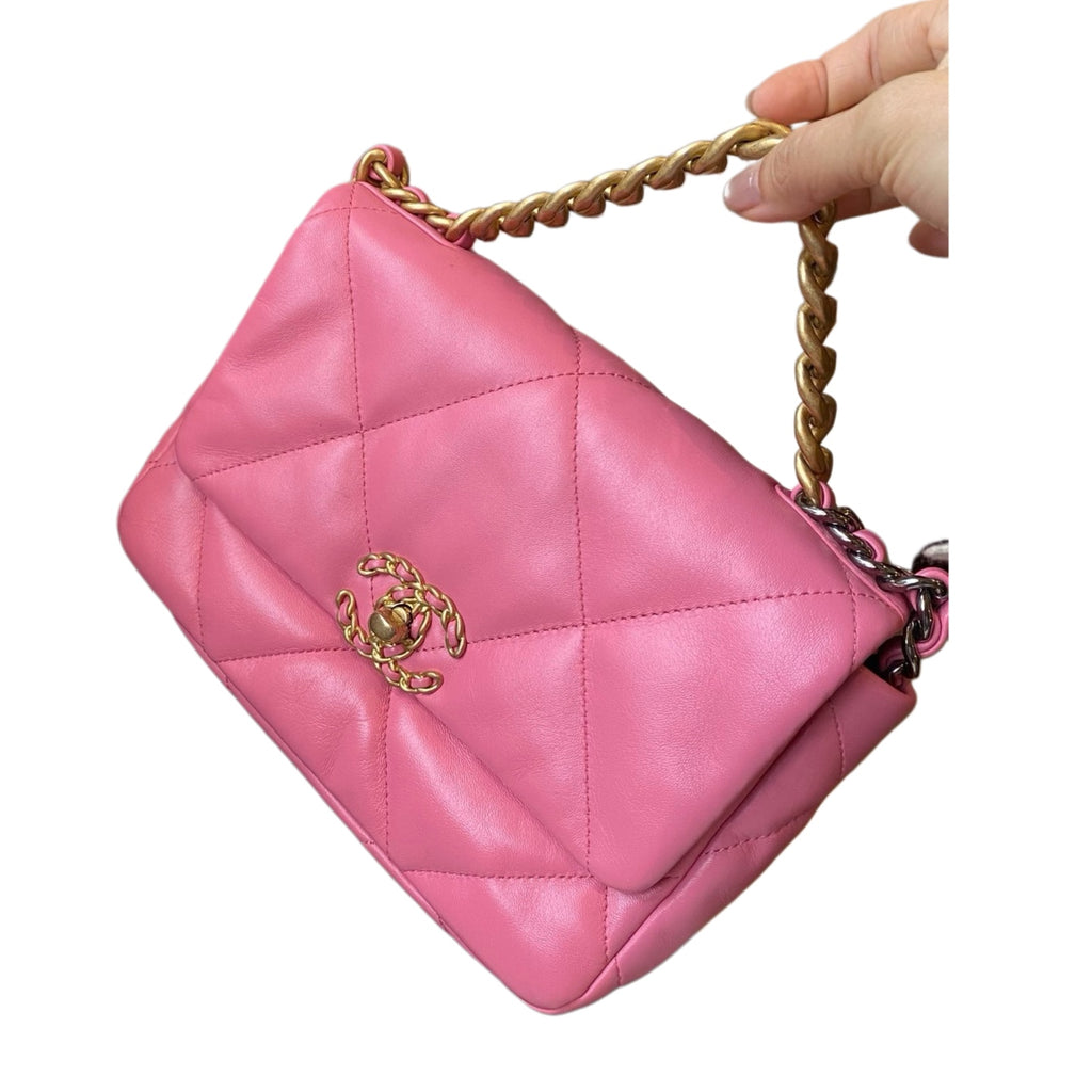 Chanel 19 Flap Bag Pink Quilted Leather Gold & Silver Hardware