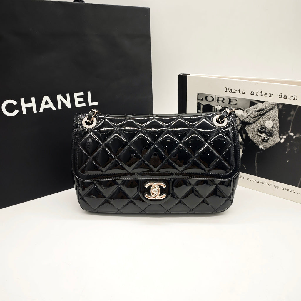 Chanel Classic Flap Handbag Black Patent Quilted Leather Gold Hardware