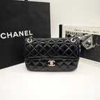 Chanel Classic Flap Handbag Black Patent Quilted Leather Gold Hardware