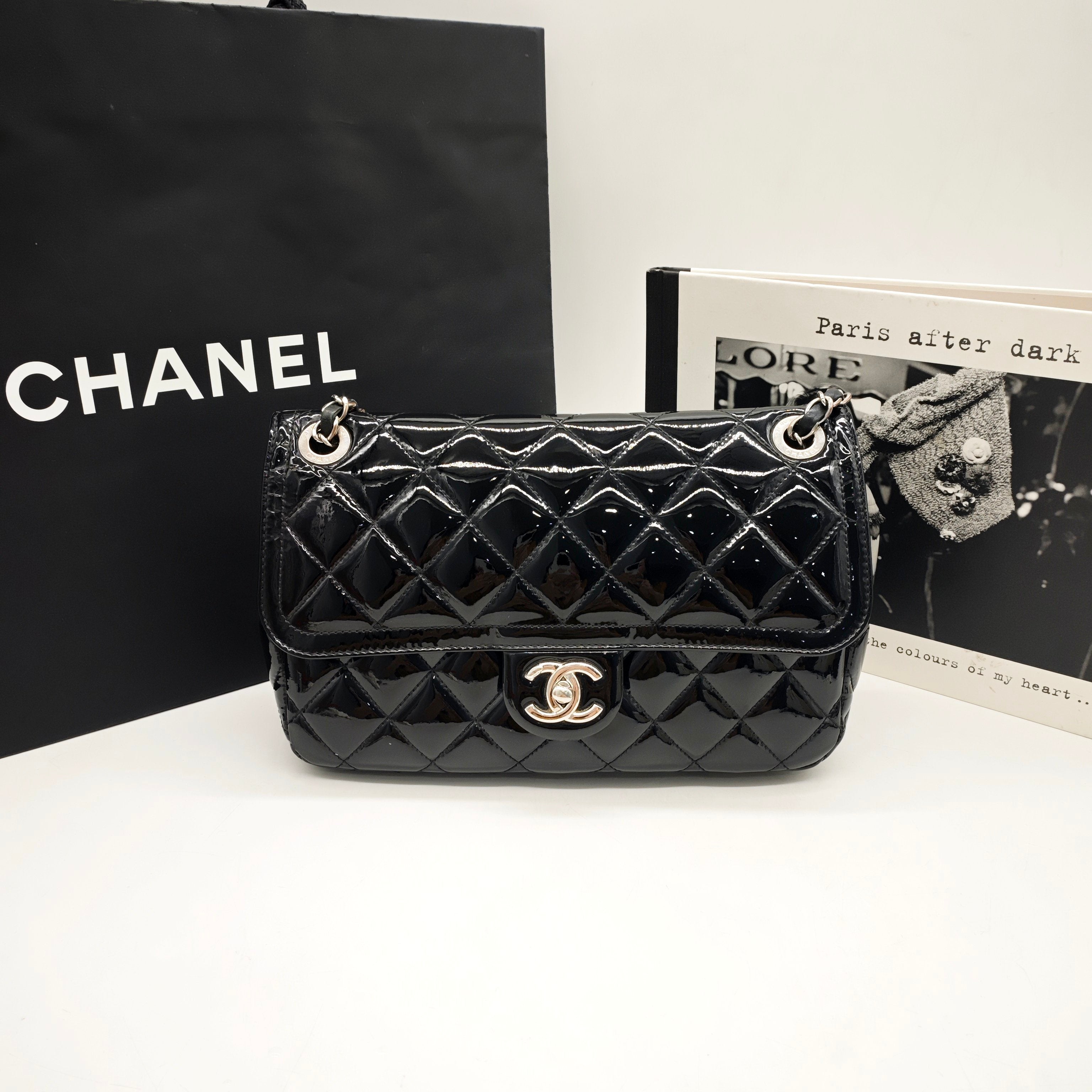 Chanel Classic Flap Handbag Black Patent Quilted Leather Gold Hardware
