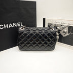 Chanel Classic Flap Handbag Black Patent Quilted Leather Gold Hardware
