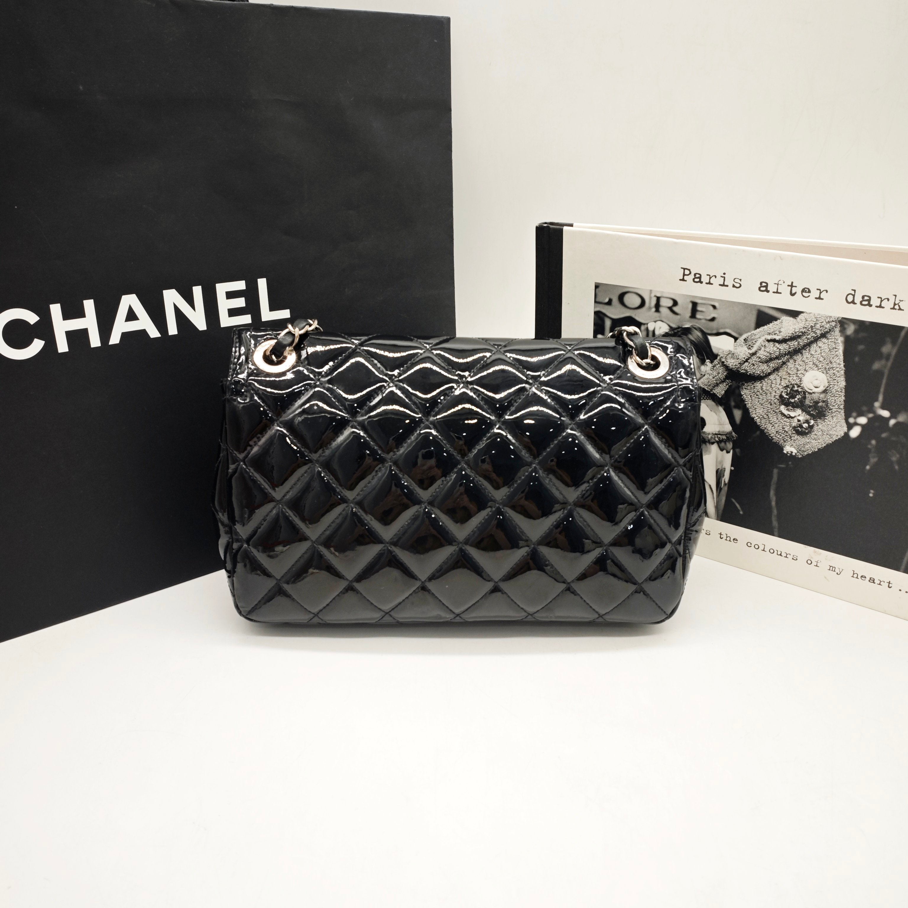 Chanel Classic Flap Handbag Black Patent Quilted Leather Gold Hardware