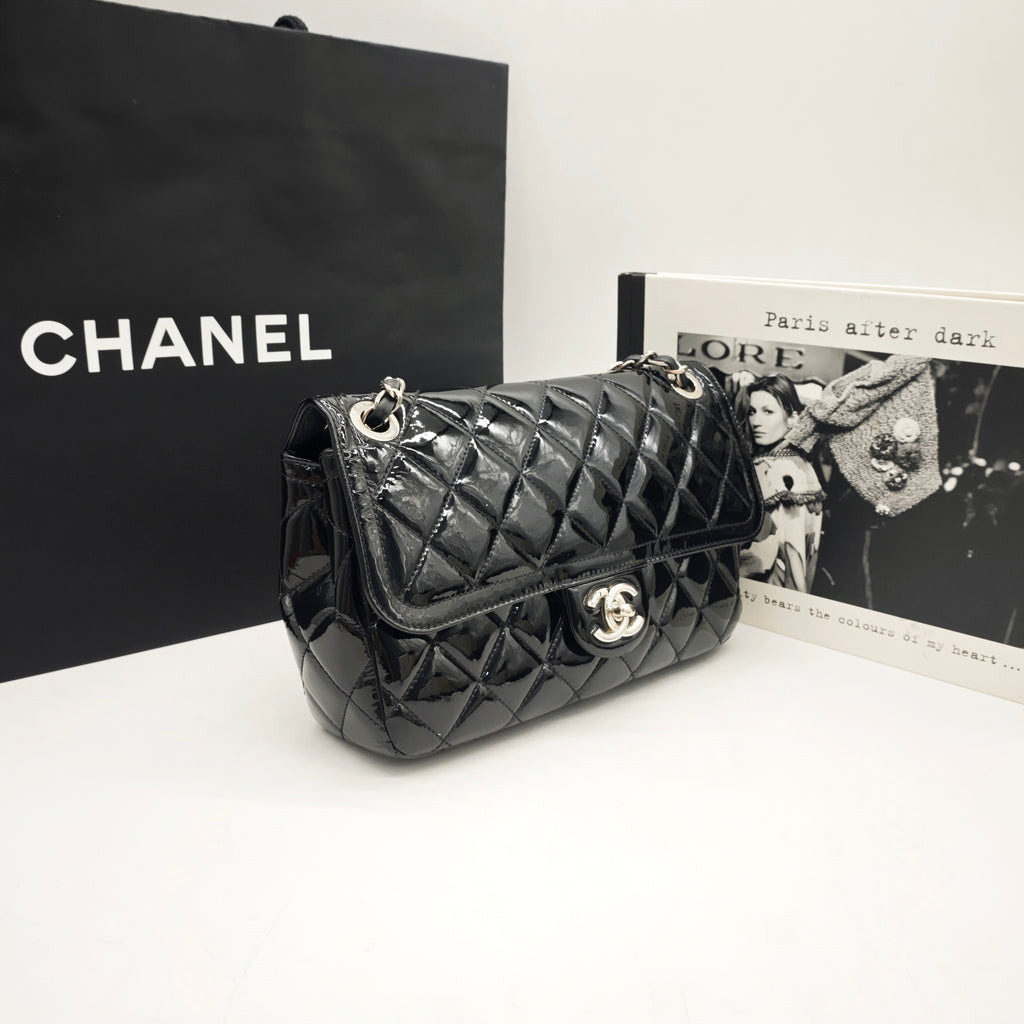 Chanel Classic Flap Handbag Black Patent Quilted Leather Gold Hardware