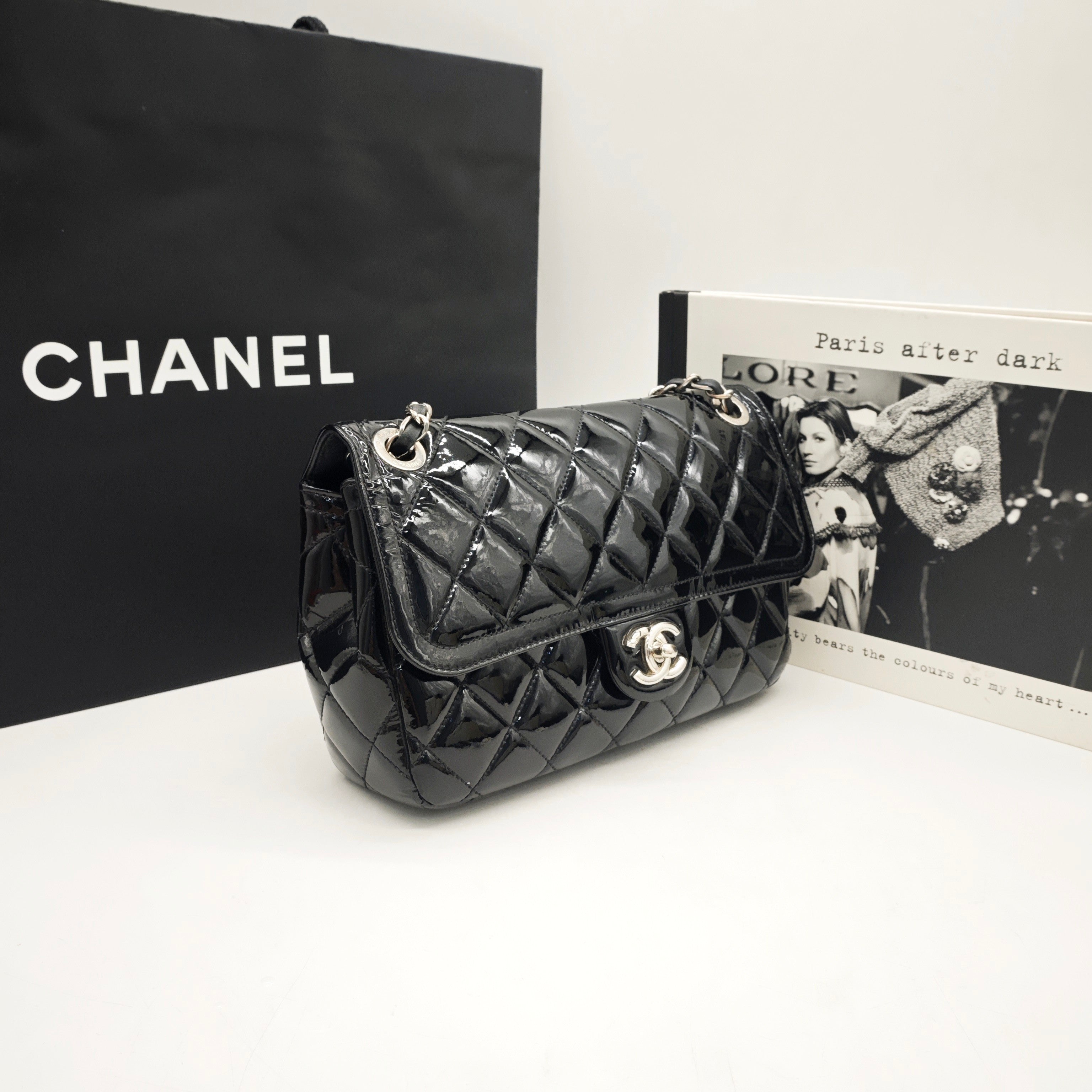 Chanel Classic Flap Handbag Black Patent Quilted Leather Gold Hardware