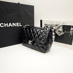 Chanel Classic Flap Handbag Black Patent Quilted Leather Gold Hardware