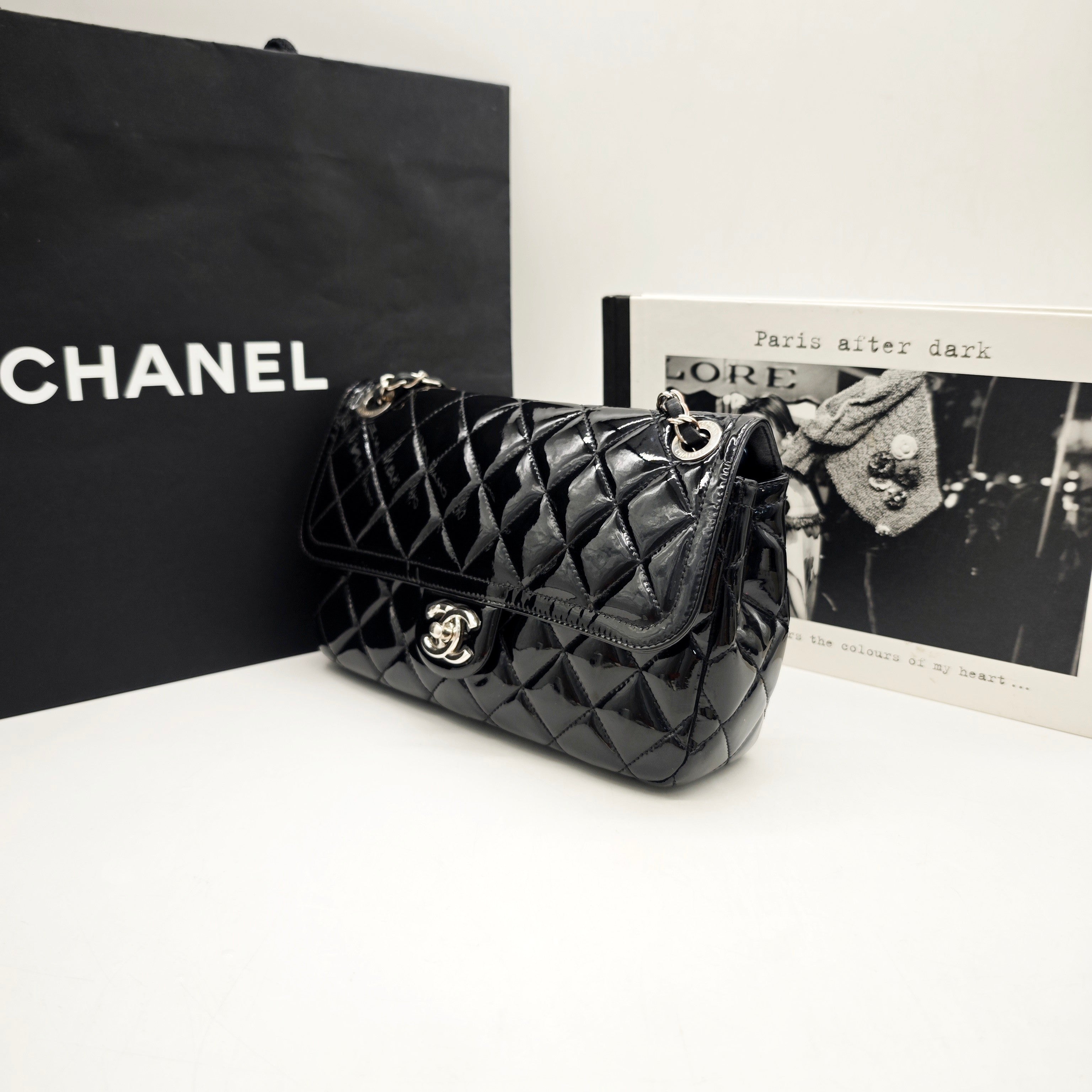 Chanel Classic Flap Handbag Black Patent Quilted Leather Gold Hardware
