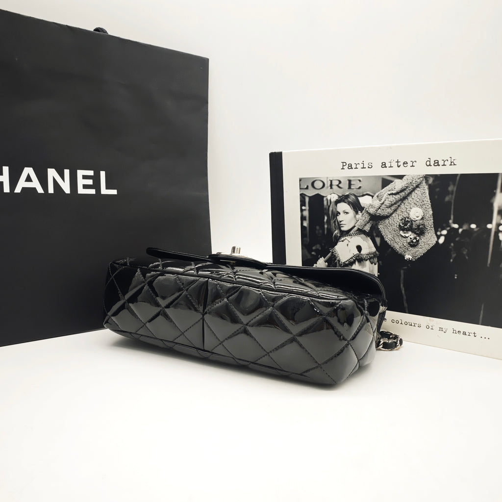 Chanel Classic Flap Handbag Black Patent Quilted Leather Gold Hardware