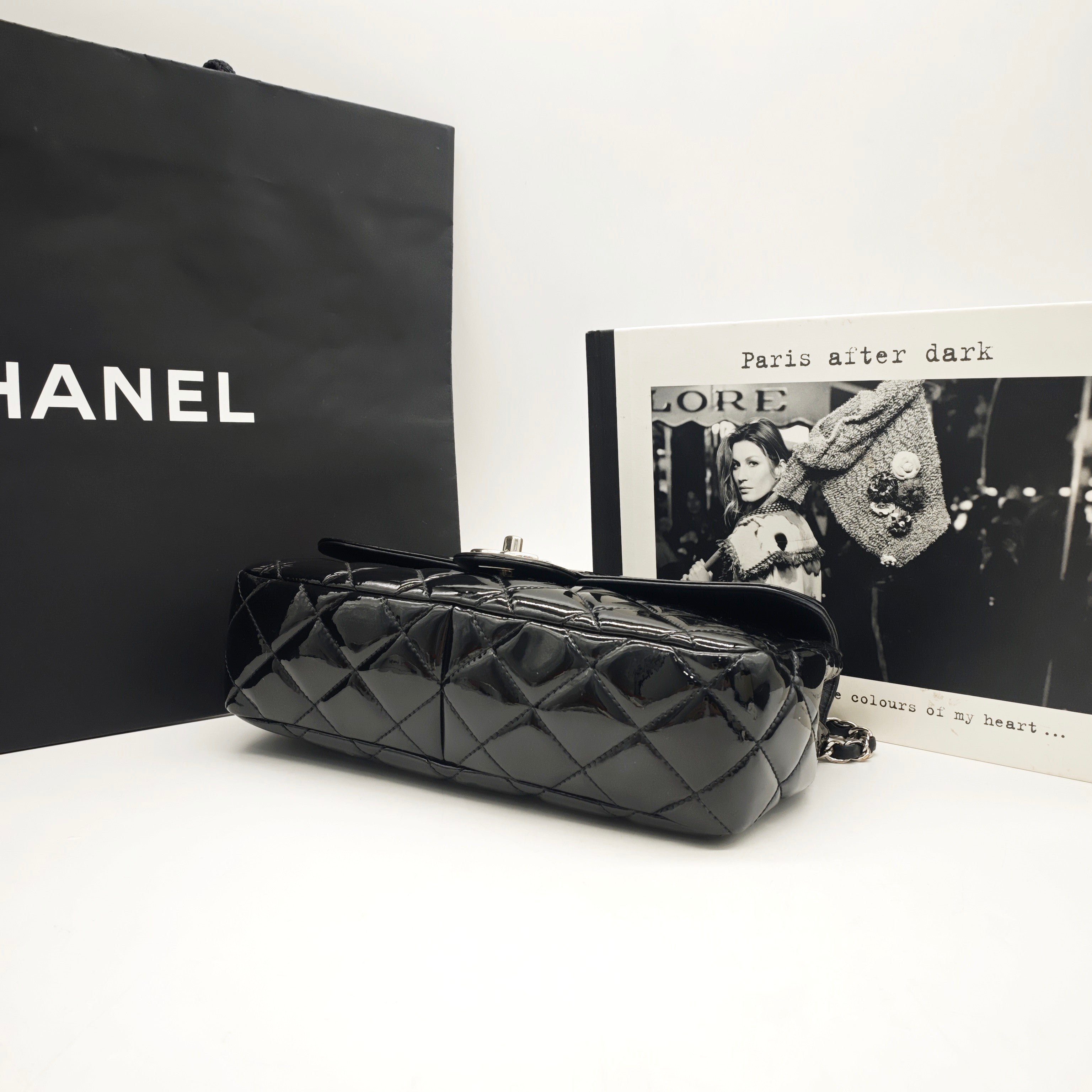 Chanel Classic Flap Handbag Black Patent Quilted Leather Gold Hardware