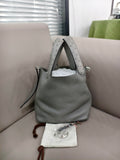 Hermes Picotin Lock Handbag Grey Pebbled Leather Ostrich Handles Silver Hardware