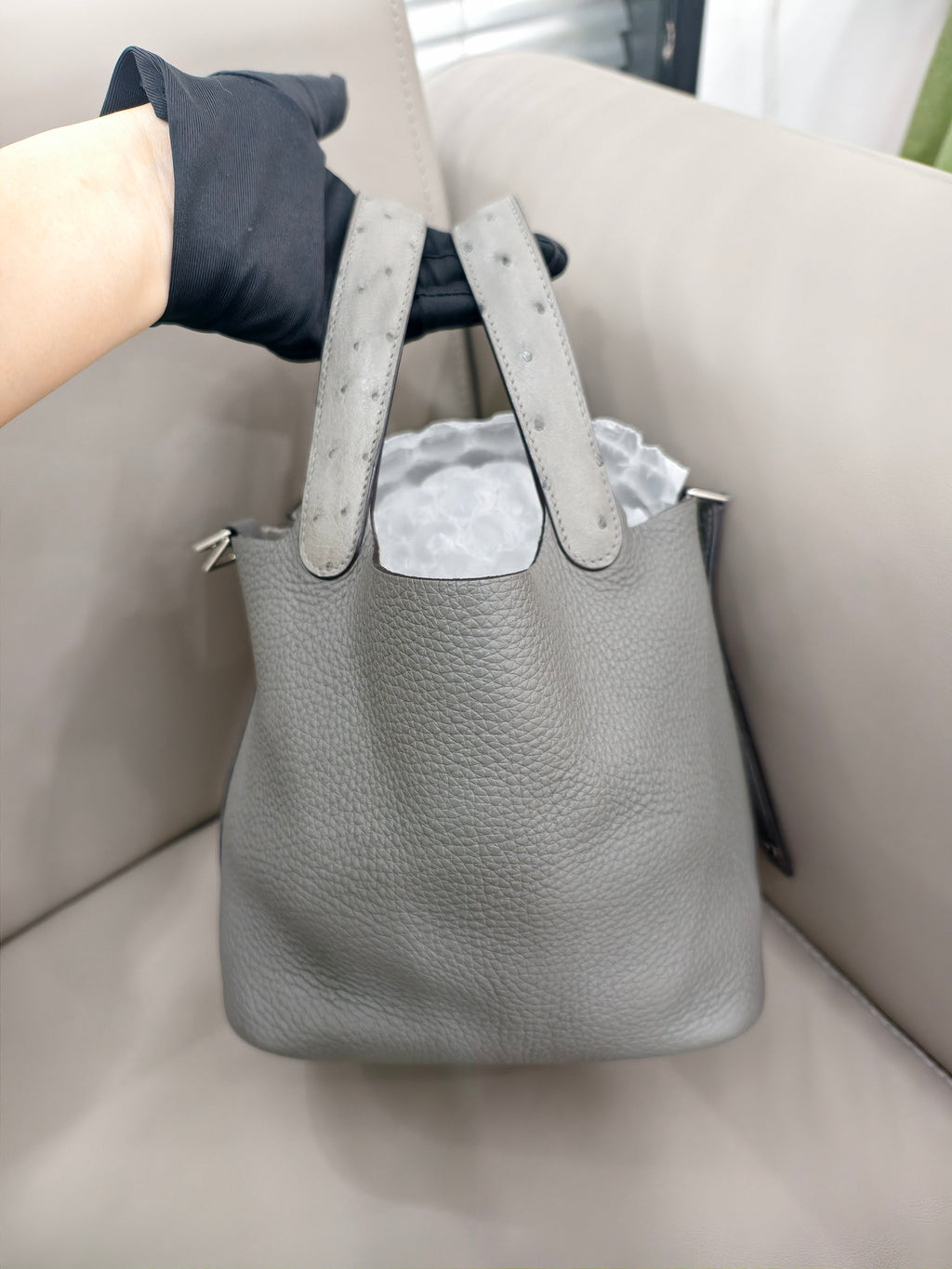 Hermes Picotin Lock Handbag Grey Pebbled Leather Ostrich Handles Silver Hardware