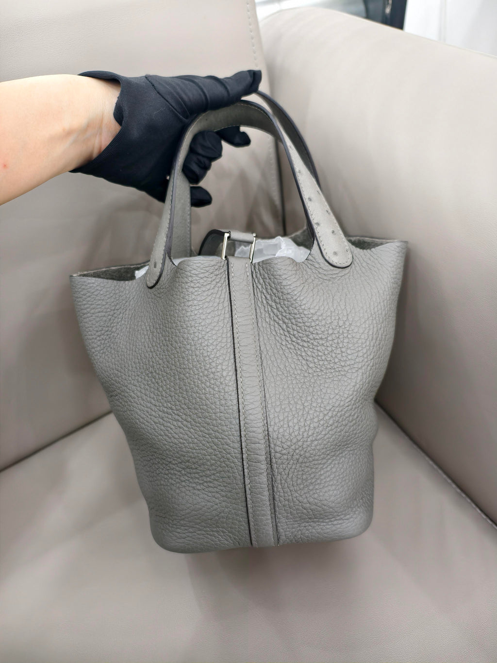 Hermes Picotin Lock Handbag Grey Pebbled Leather Ostrich Handles Silver Hardware
