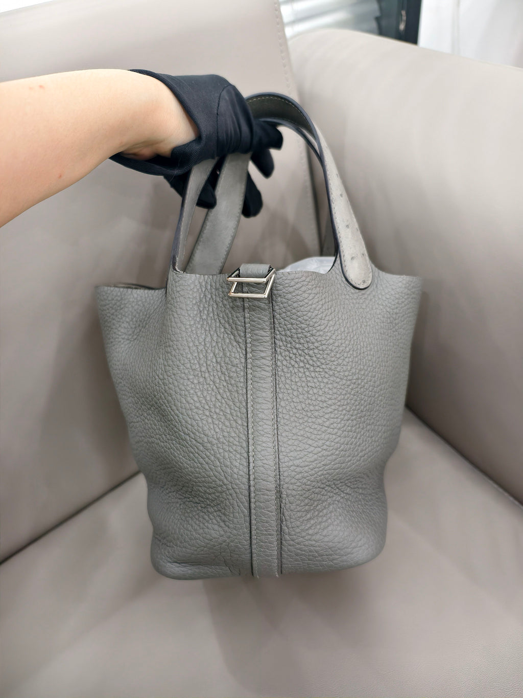 Hermes Picotin Lock Handbag Grey Pebbled Leather Ostrich Handles Silver Hardware