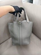 Hermes Picotin Lock Handbag Grey Pebbled Leather Ostrich Handles Silver Hardware
