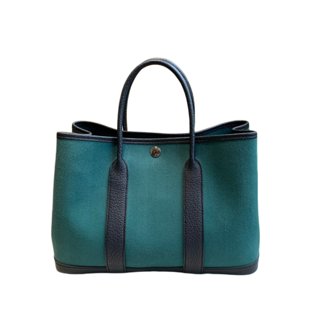 Hermes Garden Party Tote Emerald Green Canvas Navy Leather Silver Hardware