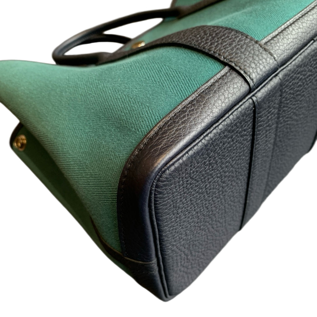 Hermes Garden Party Tote Emerald Green Canvas Navy Leather Silver Hardware