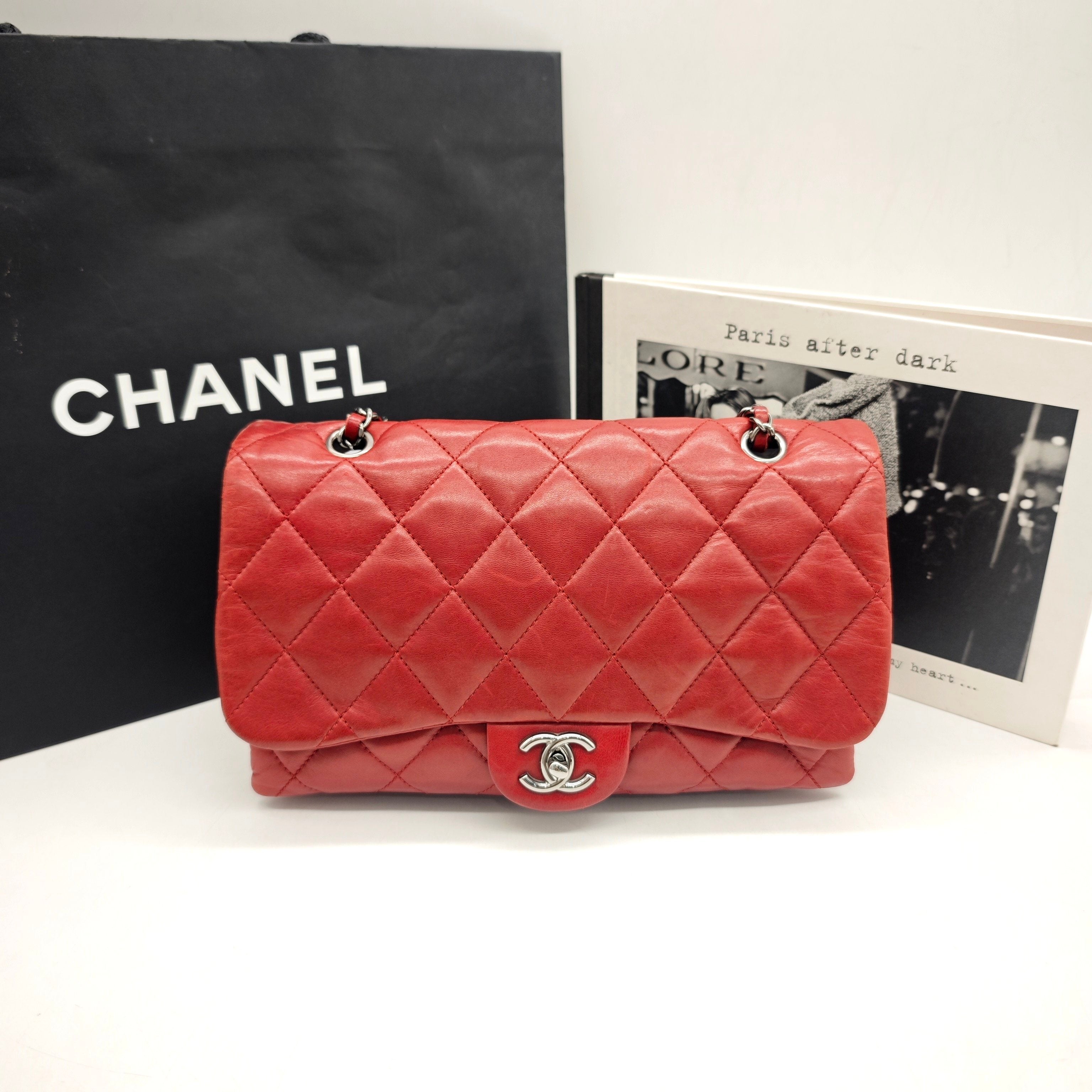 Chanel Classic Mini Flap Handbag Red Quilted Lambskin Silver Hardware