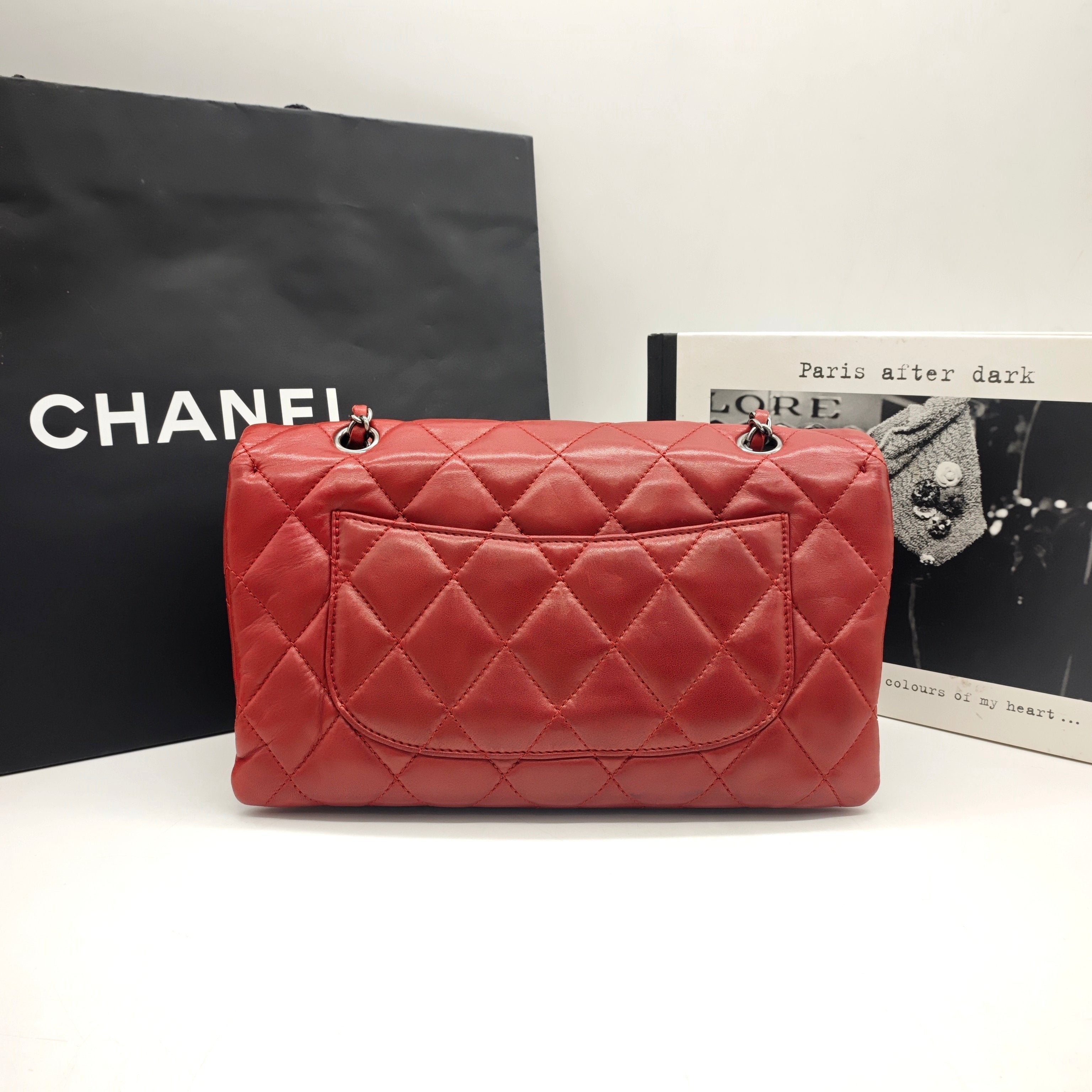 Chanel Classic Mini Flap Handbag Red Quilted Lambskin Silver Hardware