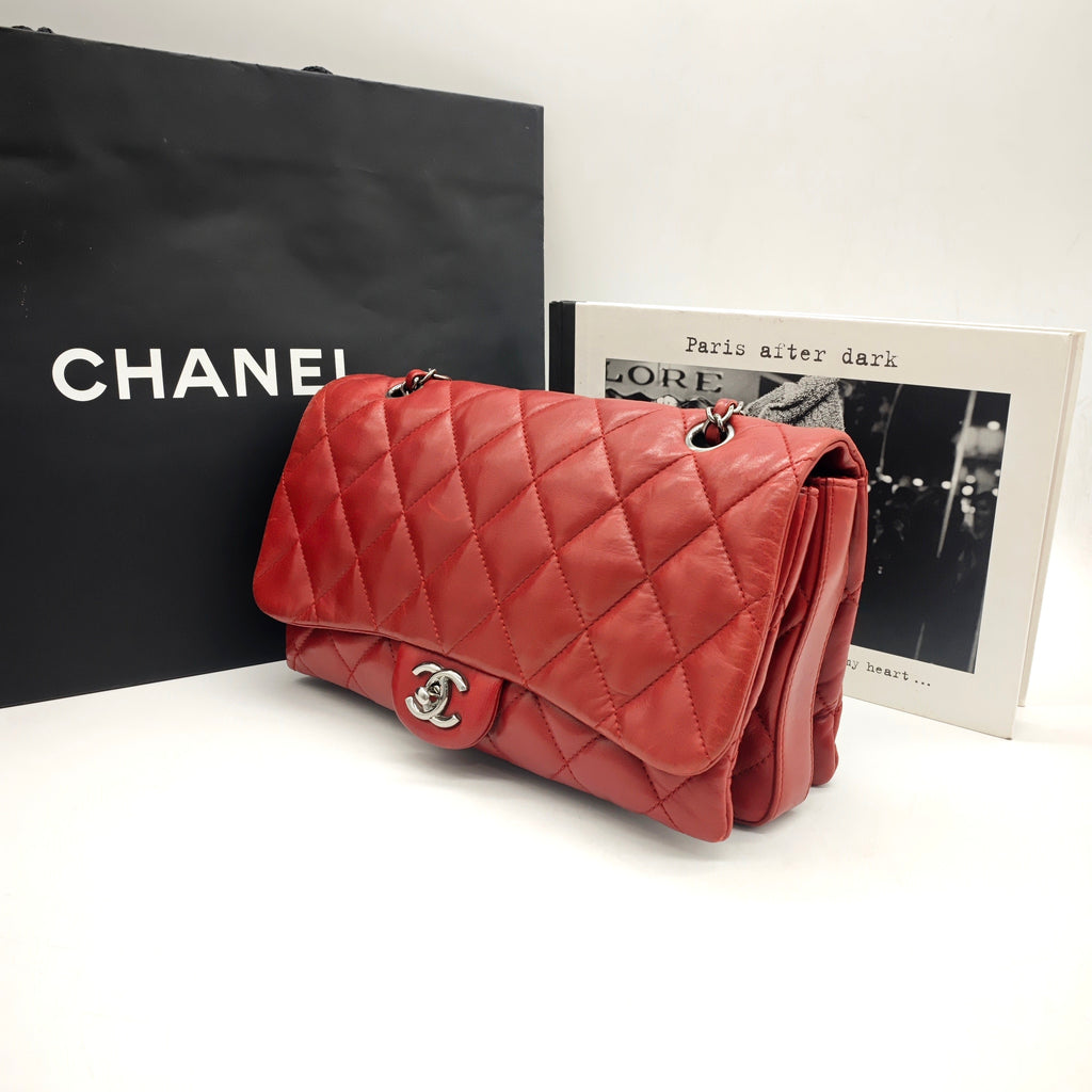Chanel Classic Mini Flap Handbag Red Quilted Lambskin Silver Hardware