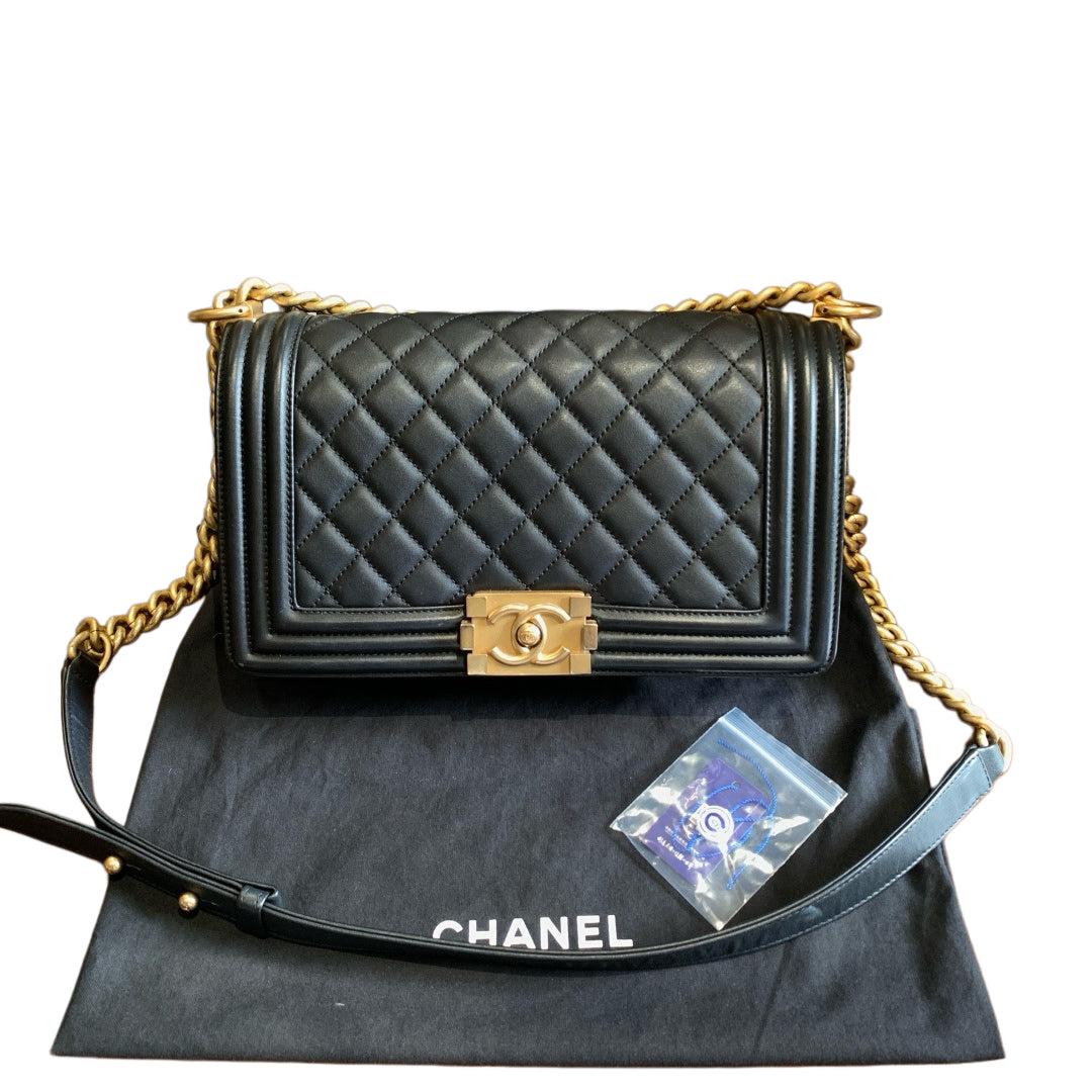 Chanel Boy Messenger Bag Black Quilted Calfskin Gold Hardware